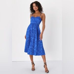 Lulu’s Cobalt Blue Satin Jacquard Pleated Midi Dress